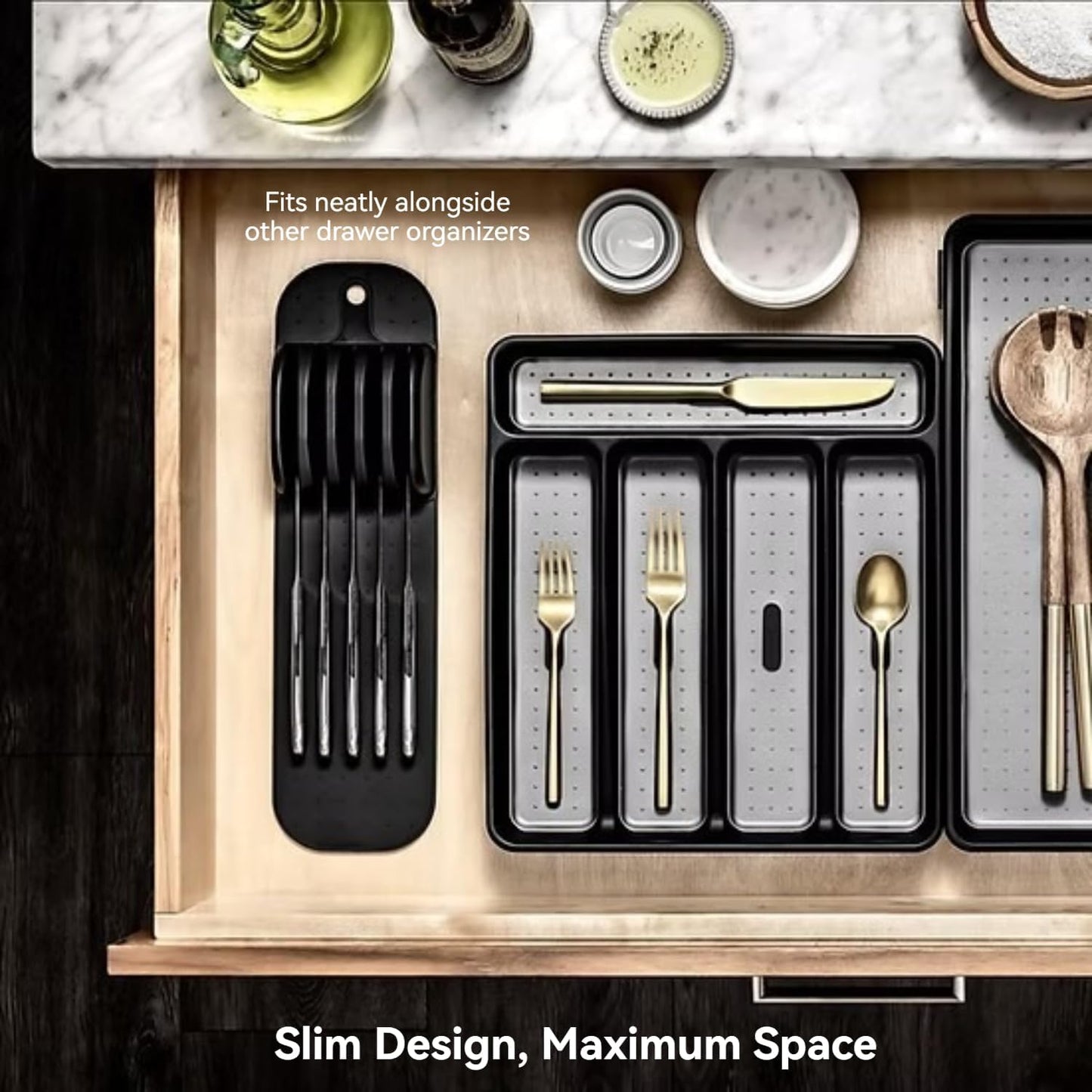 11 Slot Knife Drawer Organizer Tray – Slim In-Drawer Knife Holder Insert with Non-Slip Mat, Compact Kitchen Knife Storage (Gray & White)