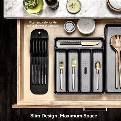 11 Slot Knife Drawer Organizer Tray – Slim In-Drawer Knife Holder Insert with Non-Slip Mat, Compact Kitchen Knife Storage (Gray & White)