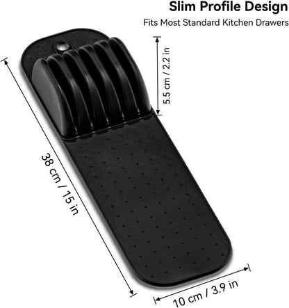 11 Slot Knife Drawer Organizer Tray – Slim In-Drawer Knife Holder Insert with Non-Slip Mat, Compact Kitchen Knife Storage (Gray & White)