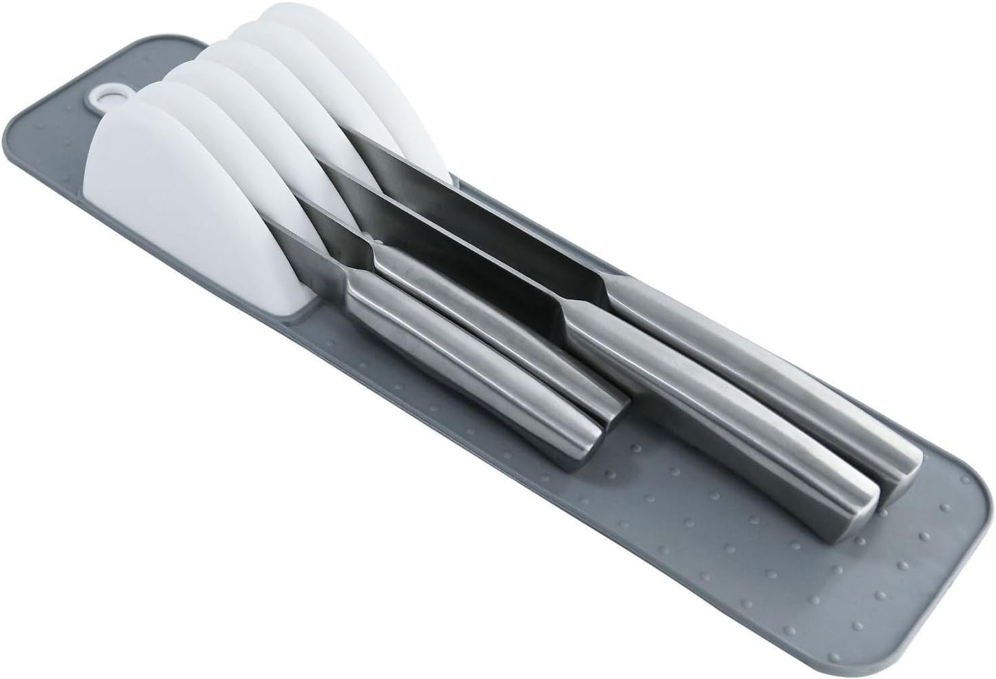 11 Slot Knife Drawer Organizer Tray – Slim In-Drawer Knife Holder Insert with Non-Slip Mat, Compact Kitchen Knife Storage (Gray & White)
