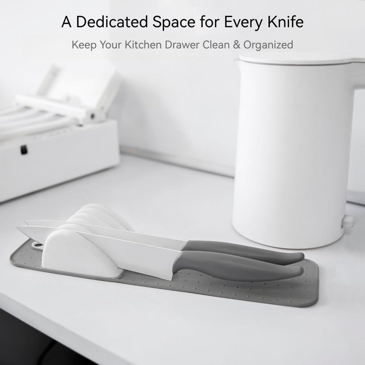11 Slot Knife Drawer Organizer Tray – Slim In-Drawer Knife Holder Insert with Non-Slip Mat, Compact Kitchen Knife Storage (Gray & White)