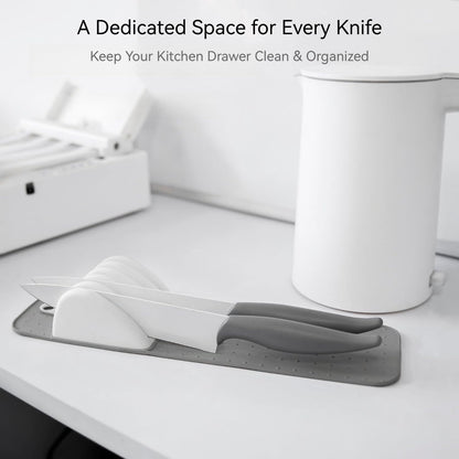11 Slot Knife Drawer Organizer Tray – Slim In-Drawer Knife Holder Insert with Non-Slip Mat, Compact Kitchen Knife Storage (Gray & White)