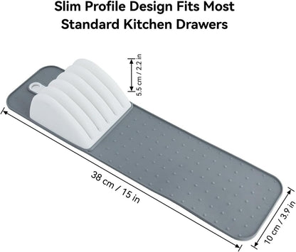 11 Slot Knife Drawer Organizer Tray – Slim In-Drawer Knife Holder Insert with Non-Slip Mat, Compact Kitchen Knife Storage (Gray & White)