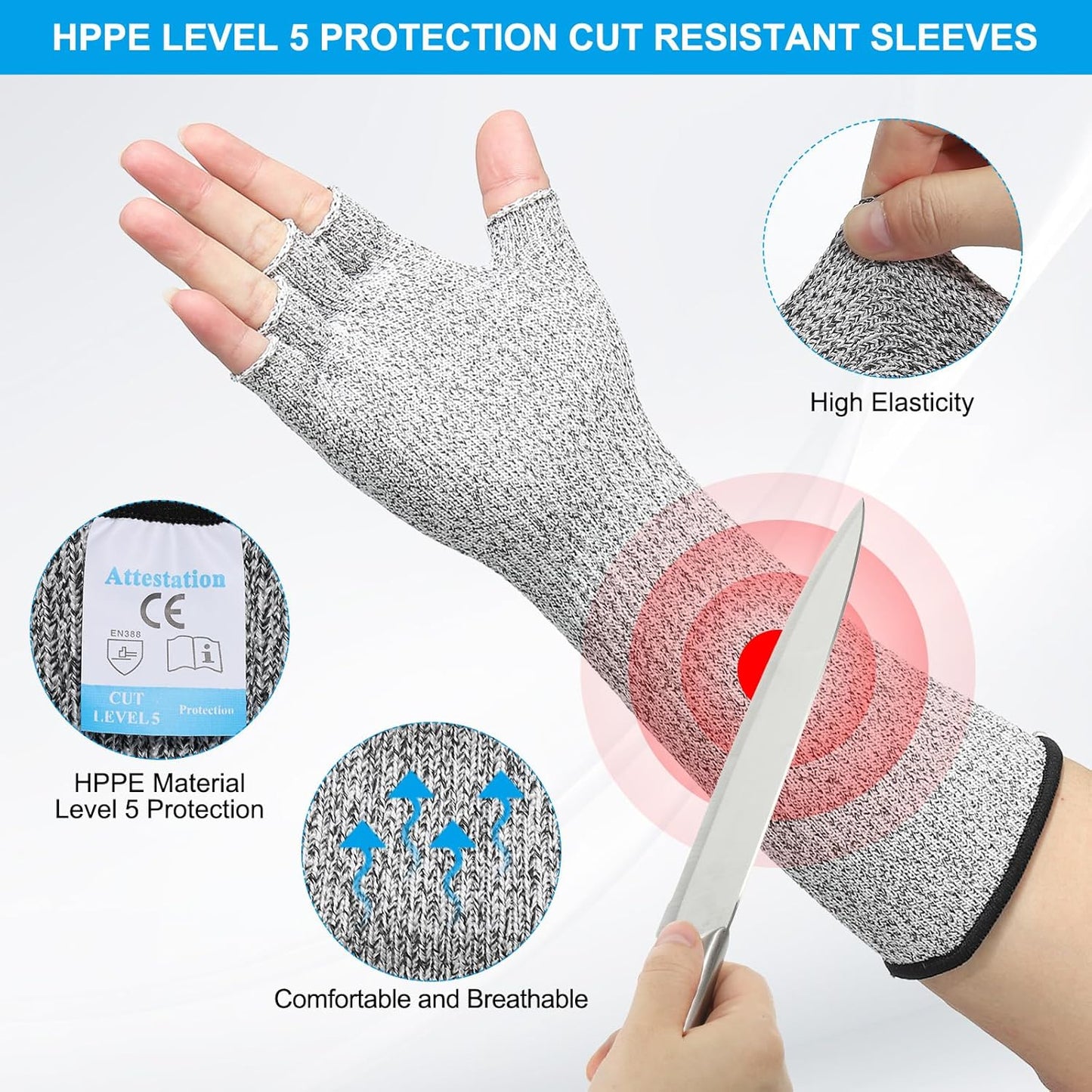 Cut Resistant Sleeves with Finger Grips Forearm Protective Sleeves Level 5 Protection Arm Safety Protectors Sleeves