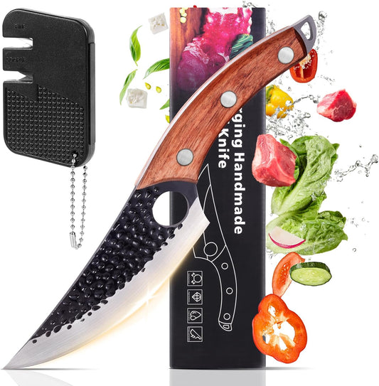 Chef Knife 11 Inch, Kitchen Knife for Boning, Cutting, and Chopping. Hand Forged Meat Cleaver, Deba Knife, Japanese Knife, and Kitchen Knives For Home, Outdoor Cooking, Camping BBQ (Yellow)