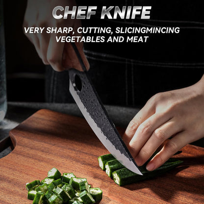 Chef Knife 11 Inch, Kitchen Knife for Boning, Cutting, and Chopping. Hand Forged Meat Cleaver, Deba Knife, Japanese Knife, and Kitchen Knives For Home, Outdoor Cooking, Camping BBQ (Yellow)