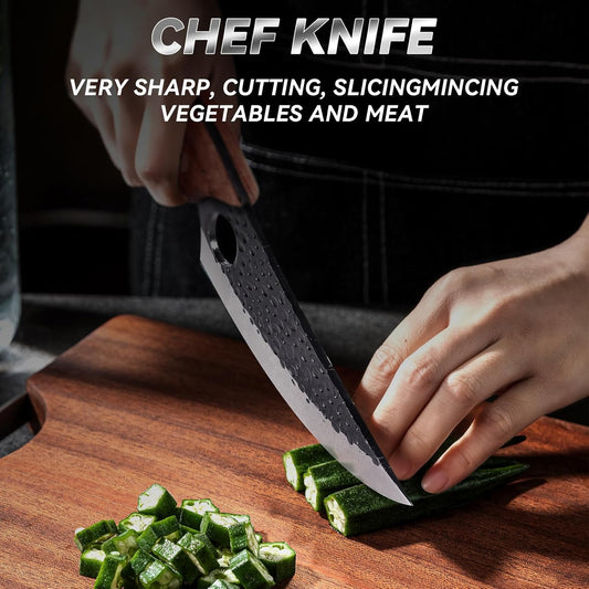 Chef Knife 11 Inch, Kitchen Knife for Boning, Cutting, and Chopping. Hand Forged Meat Cleaver, Deba Knife, Japanese Knife, and Kitchen Knives For Home, Outdoor Cooking, Camping BBQ (Yellow)