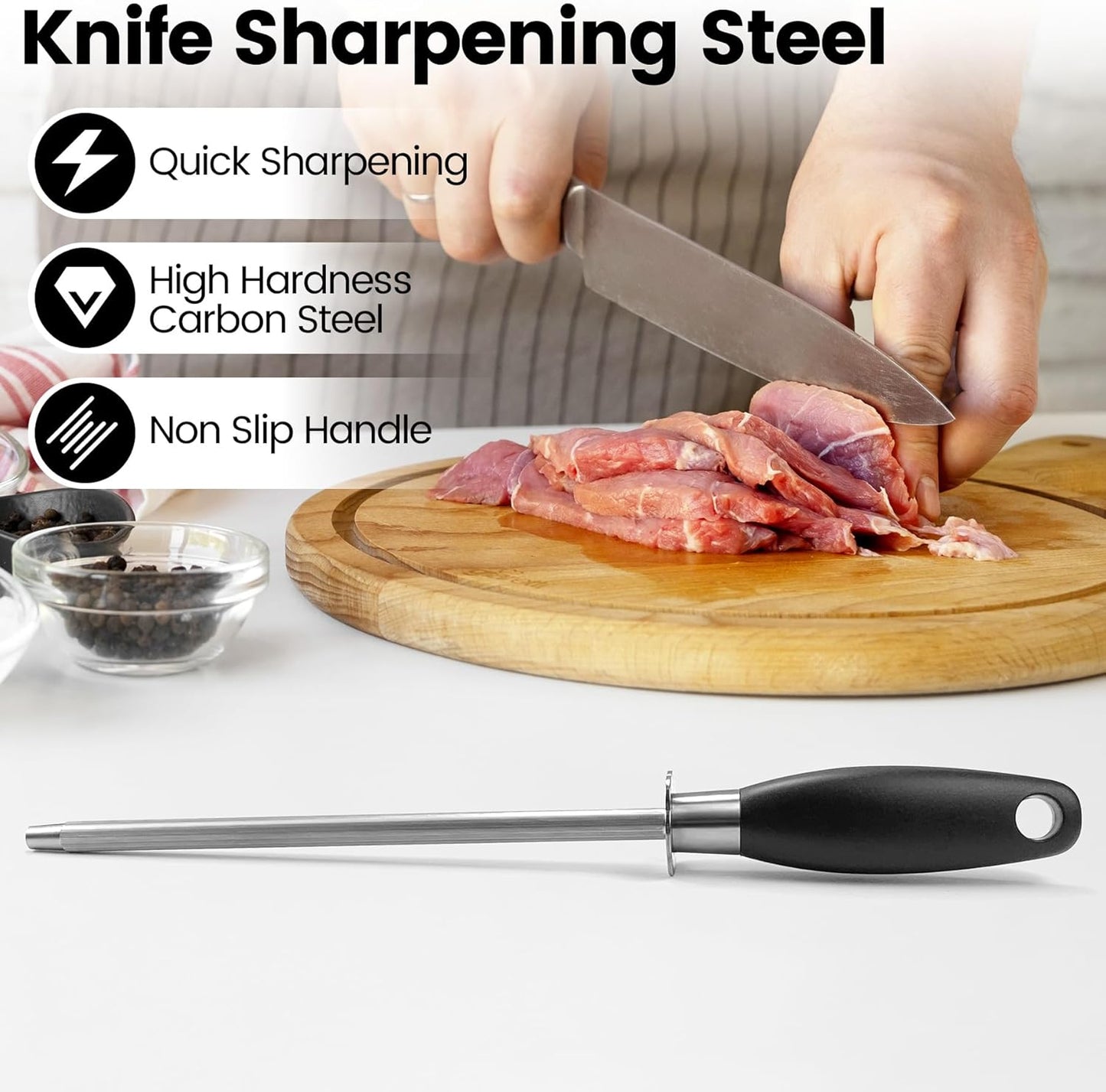 Kitchen Knife Sharpener Rod, 8 Inch | Fast Sharpening, Professional Blade Sharpener, Carbon Steel, Chrome Plated Honing Rod, Hanging Hole