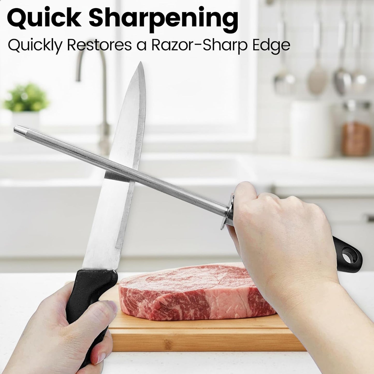Kitchen Knife Sharpener Rod, 8 Inch | Fast Sharpening, Professional Blade Sharpener, Carbon Steel, Chrome Plated Honing Rod, Hanging Hole