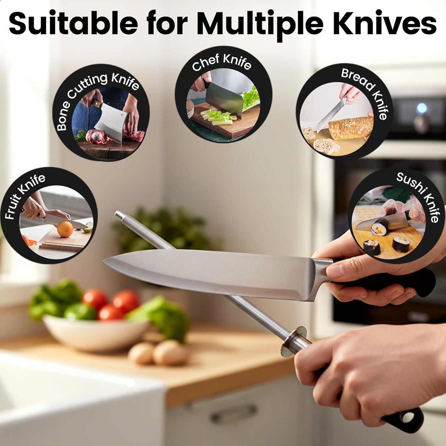 Kitchen Knife Sharpener Rod, 8 Inch | Fast Sharpening, Professional Blade Sharpener, Carbon Steel, Chrome Plated Honing Rod, Hanging Hole