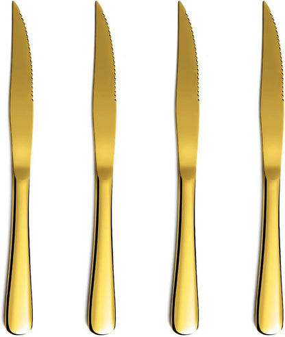 Gold Steak Knife Set, Kyrtaon Golden Serrated Knife, Titanium Gold Plating Stainless Steel Sharp Knives Set, Dinner Knifes Set of 8, Dishwasher Safe Sturdy And Easy To Clean