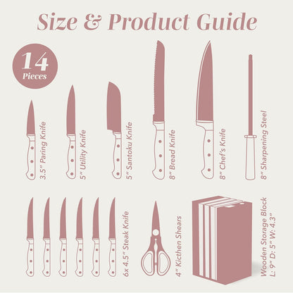 COOK WITH COLOR 14 Pieces Kitchen Knife Block Set, Knives for Kitchen, Forged Cutlery with Razor-Sharp High Carbon Steel Blades, Magnetic Block
