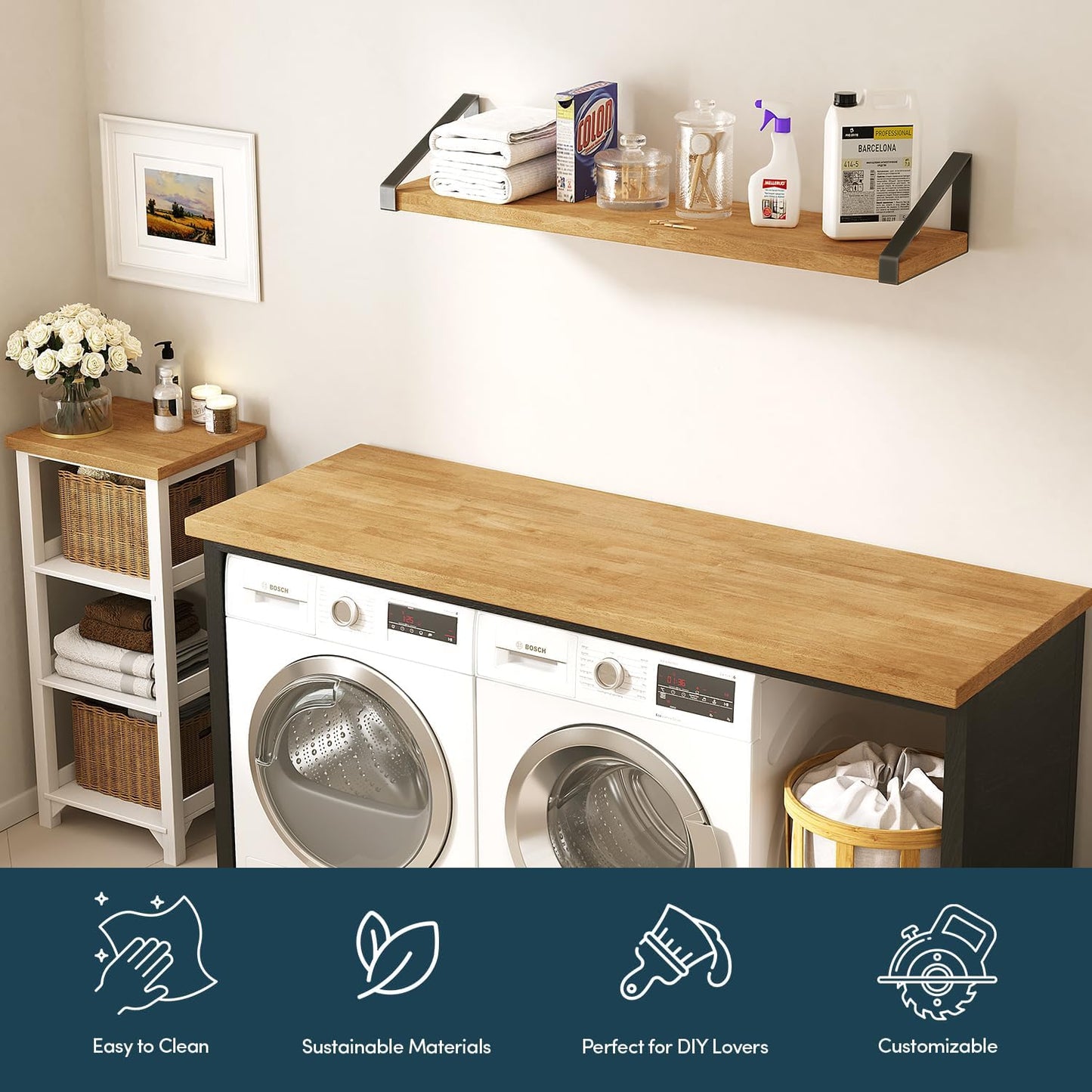 36''L x 25''W x 1.5''Th Hevea Solid Wood Butcher Block Countertop, Butcher Block Table Top for DIY Washer Dryer/Island/Kitchen Countertop (Unfinished)