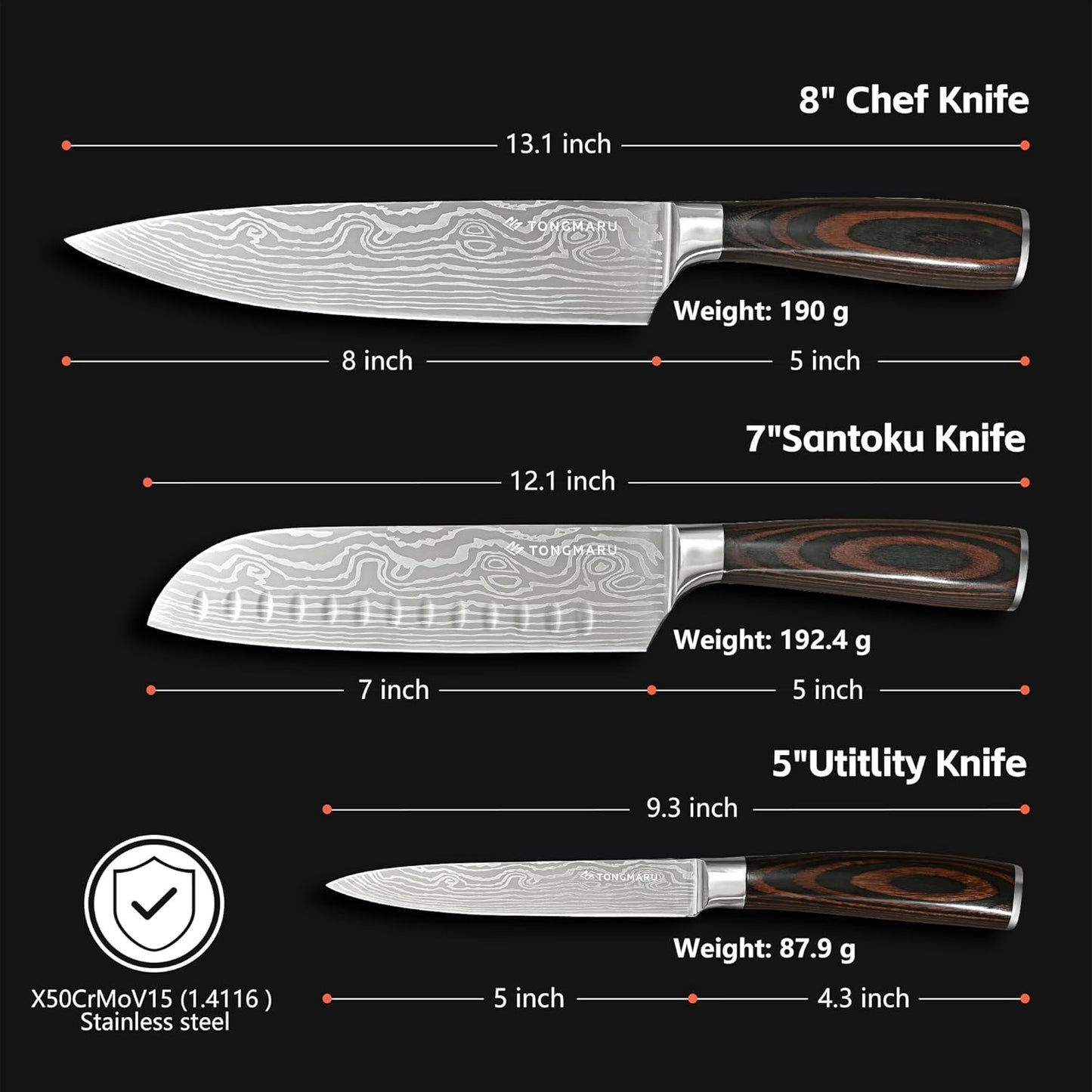 Professional Kitchen Chef Knife sets, Razor Sharp Premium High Carbon German Steel 3 pcs Knife Set, Ergonomic Forged Pakkawood Handle, Chef, Santoku & Utility Knife, With Premium Gift Box, for Family