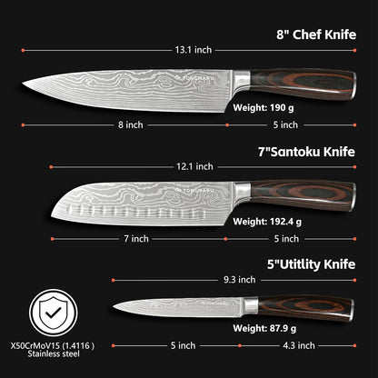 Professional Kitchen Chef Knife sets, Razor Sharp Premium High Carbon German Steel 3 pcs Knife Set, Ergonomic Forged Pakkawood Handle, Chef, Santoku & Utility Knife, With Premium Gift Box, for Family