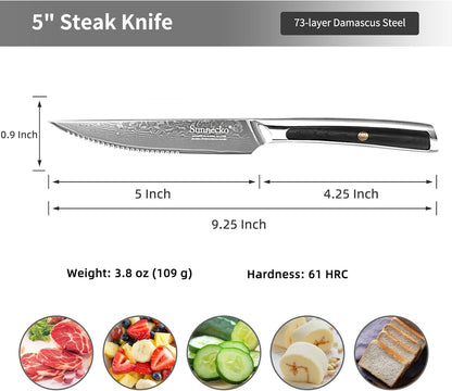 Sunnecko Damascus Steak Knife Set Non Serrated, Japanese VG10 Stainless Steel Steak Knife Set of 2, 5 Inch Steak Knives G10 Handle with Gift Box