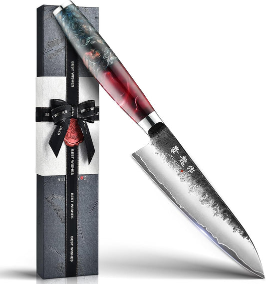 Japanese Chef Knife, 8 Inch Hand Forged Kitchen Knives with VG10 Core, Professional Gyuto Knife for Home & Restaurant, Sanmai Chefs Knives with Ergonomic Red Handle, Cooking Gifts for Men Women