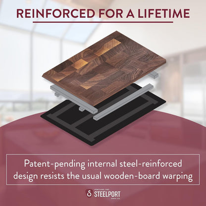 STEELPORT Small Cutting Board 9"x6" - Steel Reinforced, Utlra-thin Butcher Block | Dual Sided - End-grain Walnut Wood, Composite Side | Chopping Board with Juice Groove | USA Made for Home, Chefs