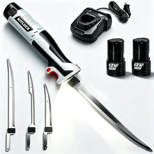 KITLUCK Cordless Electric Fillet Knife - 12V Cordless Fishing Knife with 6'', 8'' and 10'' Stiff Blades, 2 Rechargeable Battery Packs, 1 Charger, Electric Fish Fillet for Fishing, Filleting