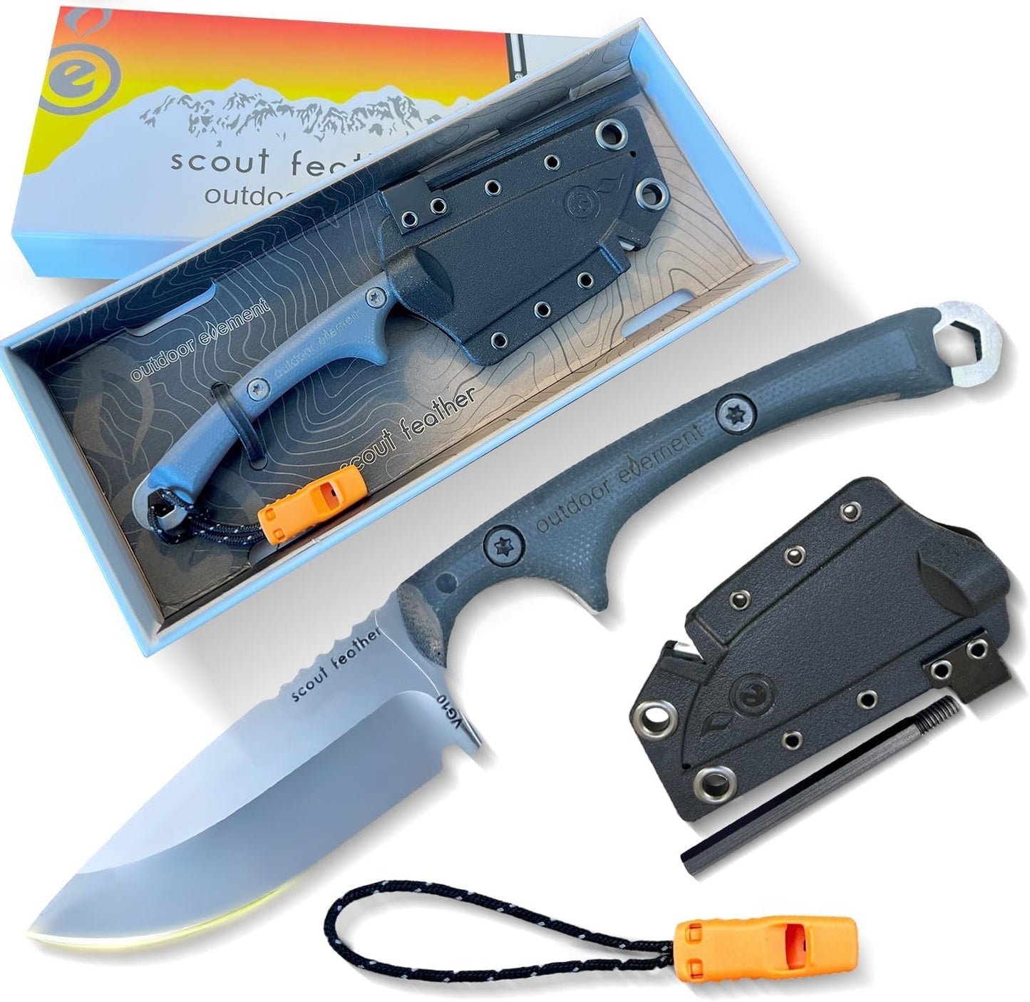 Scout Feather Glow - Fixed Blade Survival Knife with built-in Firestarter for Camping, Hunting, Outdoor Adventure and Culinary Need - VG10 Blade, Whistle, Knife Sharpener, Compact Sheath & G10 Handle