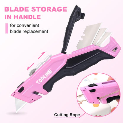 TOPLINE Retractable Pink Utility Knife, Retractable Pink Box Cutter, Blade Storage Design, 18-Piece SK5 Blades and a Dispenser Included