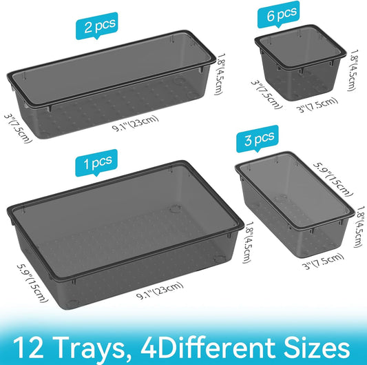 ElegantArray 24 PCS Drawer Organizer Set, 4 Sizes Tool Storage Trays, Clear Plastic Makeup Vanity Organizer and Storage Bins for Makeup, Stationeries, Multiple Gadgets for Bathroom, Office, Bedroom