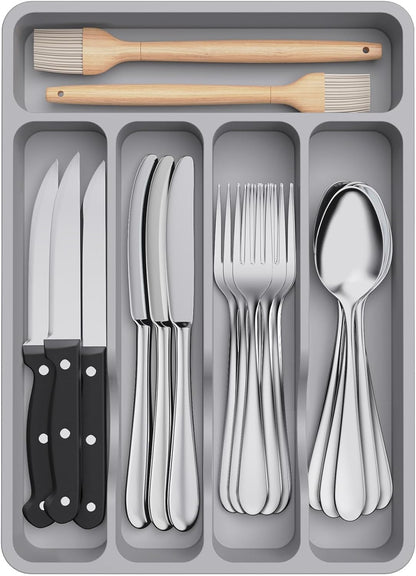 Lifewit Silverware Drawer Organizer Tray, Plastic Cutlery Storage for Kitchen, Flatware and Utensil Holder Divider for Spoons Forks Knives Tableware, 9.1 x 12.6", 5 Slots, Black