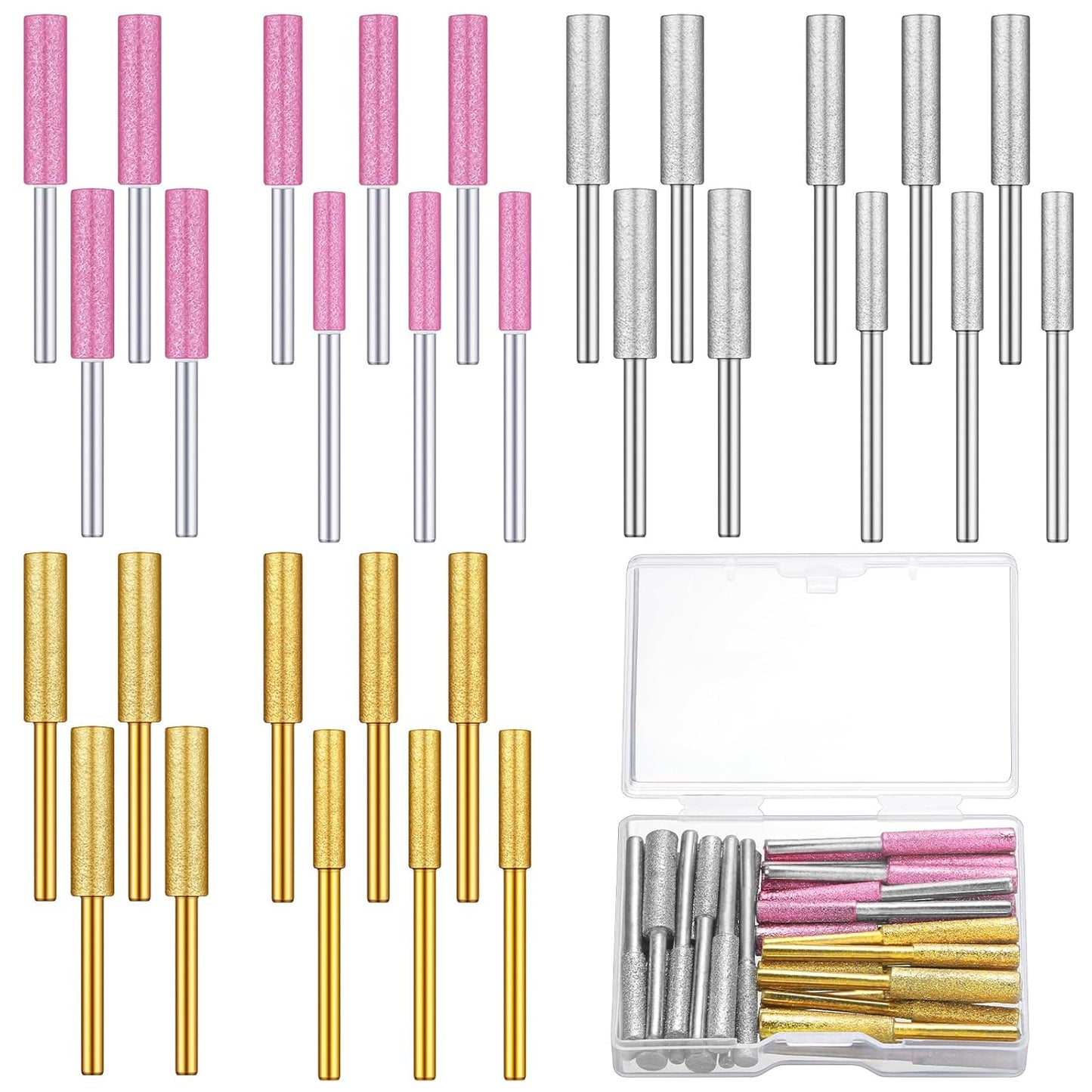 Chumia 30 Pcs High Hardness Titanium Diamond Chainsaw Sharpener Stone Bit Bulk Chain Electric Chainsaw Sharpening Wheels Kit 3 Size Plated Grinding Tool, 5/32, 3/16, 7/32 Inch (Gold)
