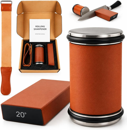 Rolling Knife Sharpener with Leather Strop - Knife Sharpening with Industry Diamonds and Ceramic Discs - Knife Sharpener Kit - Knife Sharpener Kit with 15 & 20 Degree Sharpening