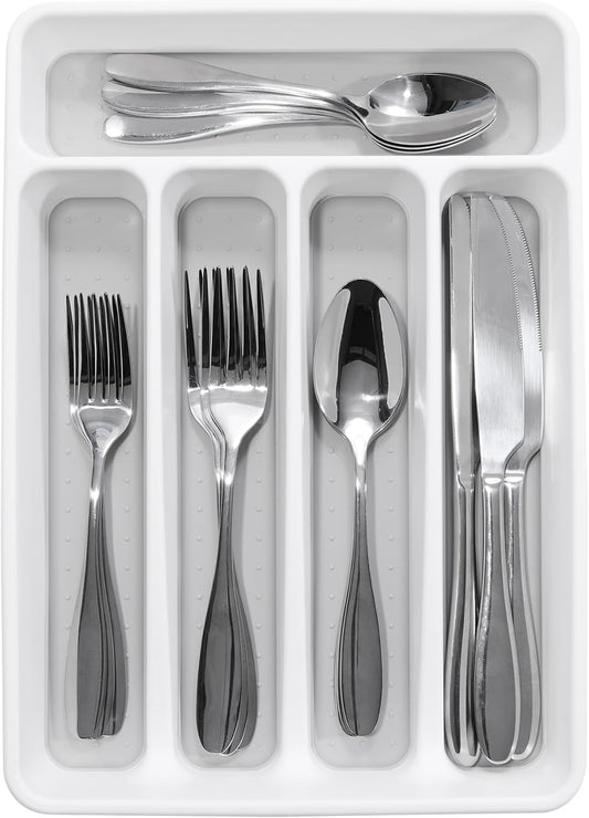 madesmart Small Silverware Tray, Compact 5 Compartment Flatware Organizer for Forks, Knives & Spoons, Non Slip, Soft Grip Lining, Fits Small Drawers, White