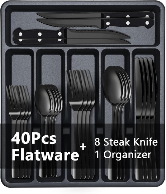 BEWOS 49-Piece Silverware Set with Organizer - Stainless Steel Silverware Set for 8 with Steak Knives and Drawer Organizer, Mirror Polished Flatware Set for Home and Restaurant, Dishwasher Safe