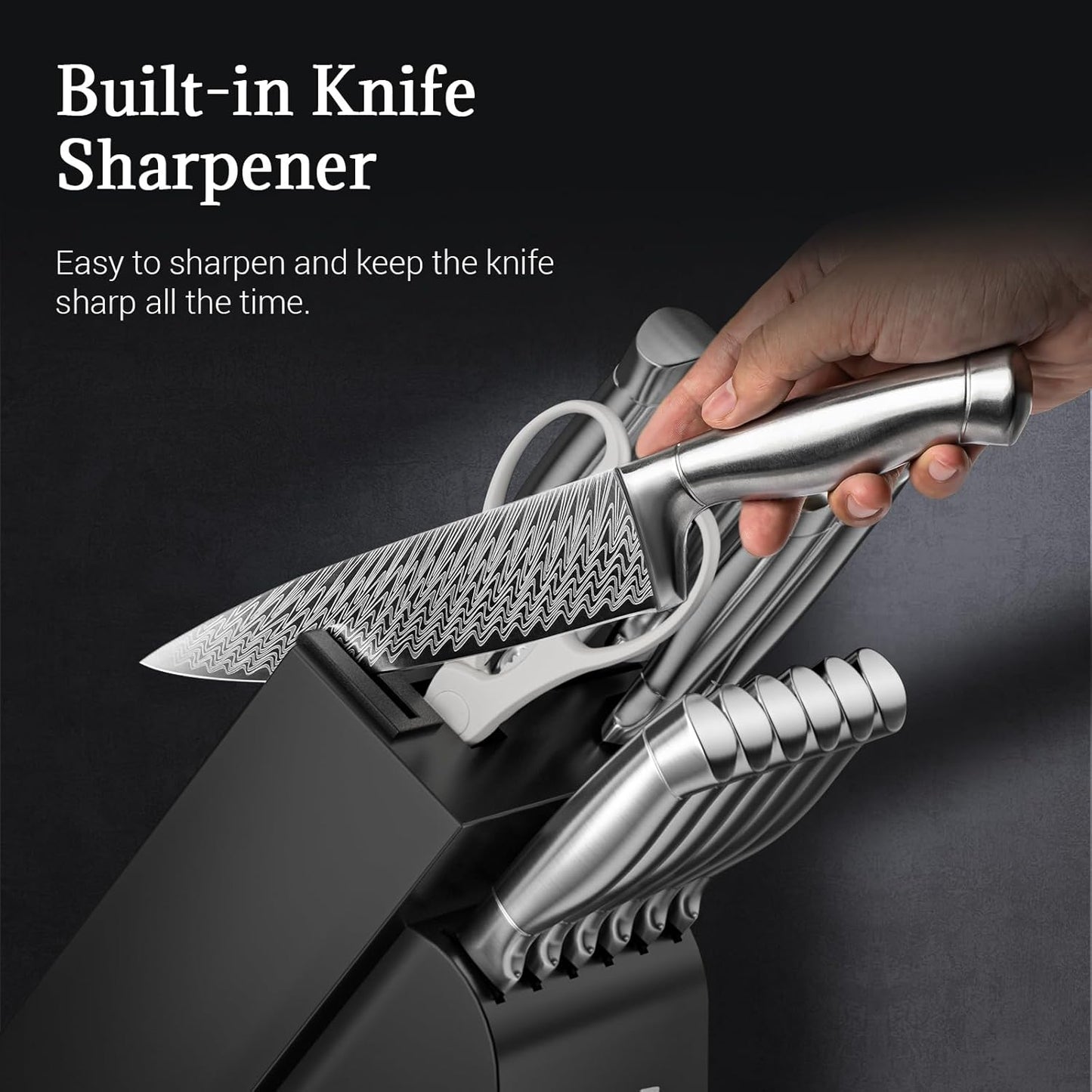 Knife Set, Emojoy 18-Pieces Kitchen Knife Set With Wooden Block, German Stainless Steel Knife Block Set With Built-In Sharpener, Professional Sharp Knives Set for Kitchen,White