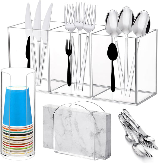 Baderke 3 Set Acrylic Cutlery Storage Organizer Include Clear Silverware Caddy for Kitchen Utensil Holder for Countertop Knife Spoon and Fork, Acrylic Cup and Napkin Holder for Party