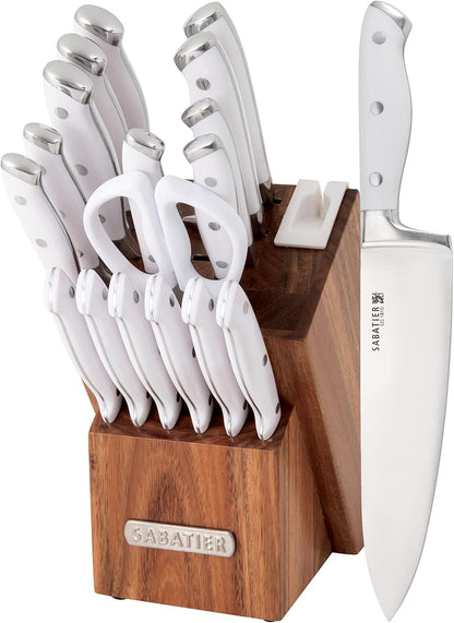 Sabatier 15-Piece Forged Triple Rivet Knife Block Set, High-Carbon Stainless Steel Kitchen Knives, Razor-Sharp Knife set with Acacia Wood Block, White Handles