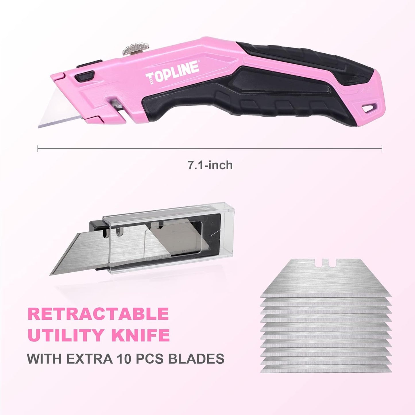TOPLINE Retractable Pink Utility Knife, Retractable Pink Box Cutter, Blade Storage Design, 18-Piece SK5 Blades and a Dispenser Included