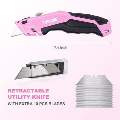 TOPLINE Retractable Pink Utility Knife, Retractable Pink Box Cutter, Blade Storage Design, 18-Piece SK5 Blades and a Dispenser Included