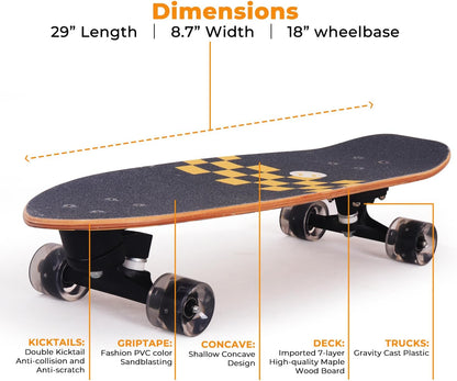 Nattork Complete Kid Skateboards 29" x 9" Youth Cruiser Skateboard for Beginners Double Kick Deck Concave Girls or Boys Skateboard
