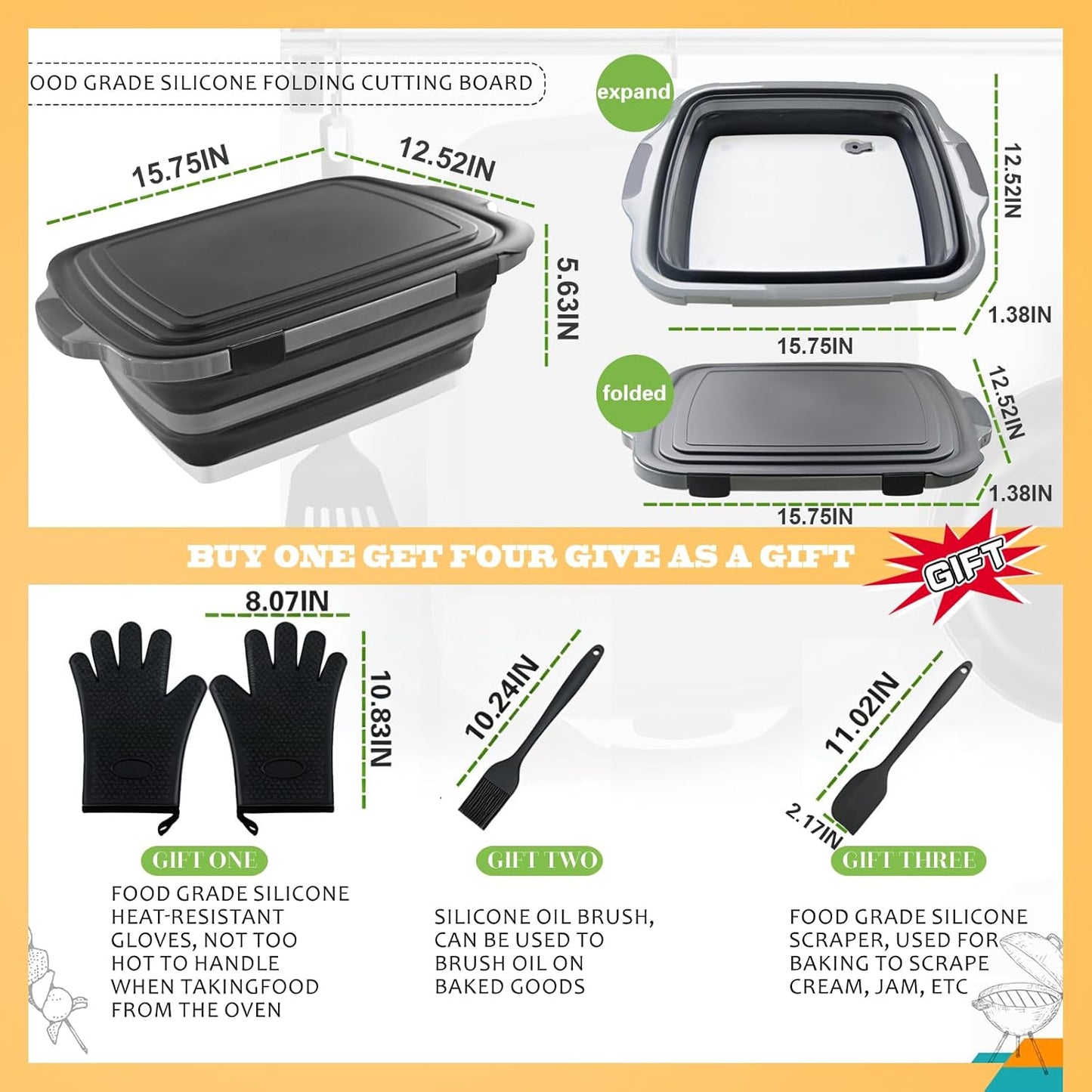 Collapsible BBQ Prep Tub with Lid & Cutting Board 8L - Meat Marinating Basin & Grill Carry System - 5pc Set with Heat Resistant Gloves, Basting Brush & Spatula(Orange, Large, 8L)