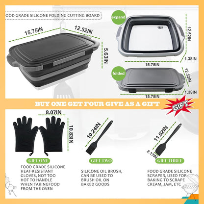 Collapsible BBQ Prep Tub with Lid & Cutting Board 8L - Meat Marinating Basin & Grill Carry System - 5pc Set with Heat Resistant Gloves, Basting Brush & Spatula(Orange, Large, 8L)