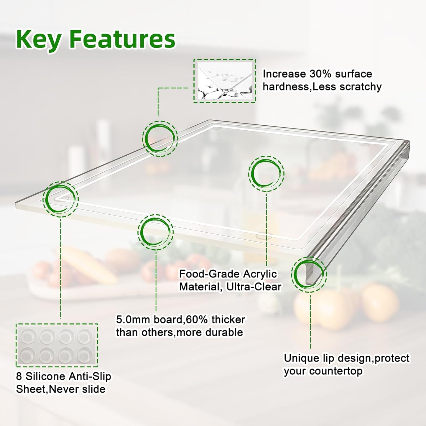 SWSKR Acrylic Cutting Board with Counter Lip,17.5"x13.5" Clear Cutting Board for Kitchen Countertop,Non-Slip,60% Thicker,Perfect for Bread,Meat,Veggies & More,Great Kitchen Essential Gadgets & Decor