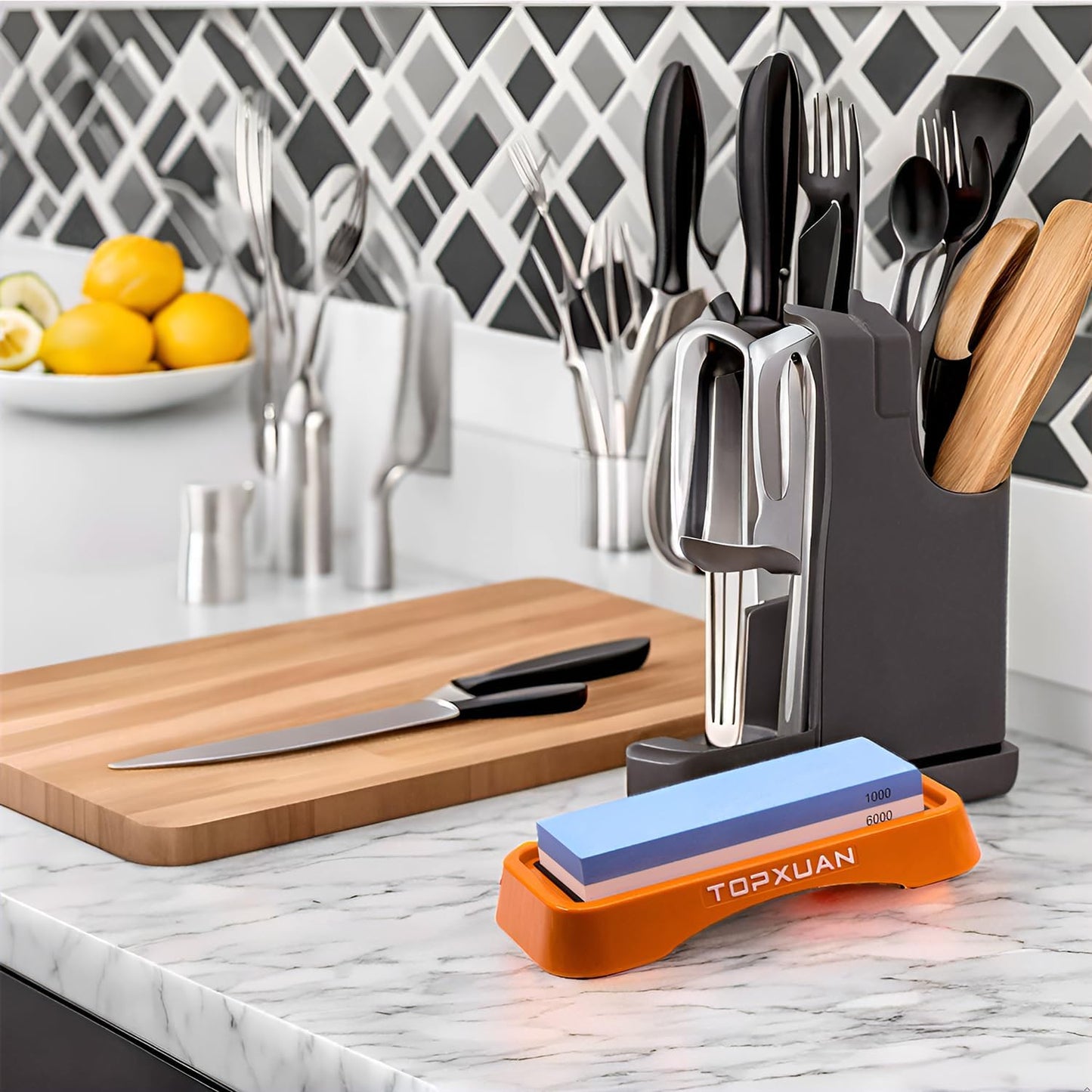 Knife Sharpening Stone 2 Sided 240/800 Grit Sharpener Waterstone,Professional Kitchen Whetstone with Orange Plastic Base,Non-slip Rubber and Angle Guide