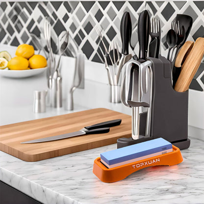 Knife Sharpening Stone 2 Sided 240/800 Grit Sharpener Waterstone,Professional Kitchen Whetstone with Orange Plastic Base,Non-slip Rubber and Angle Guide