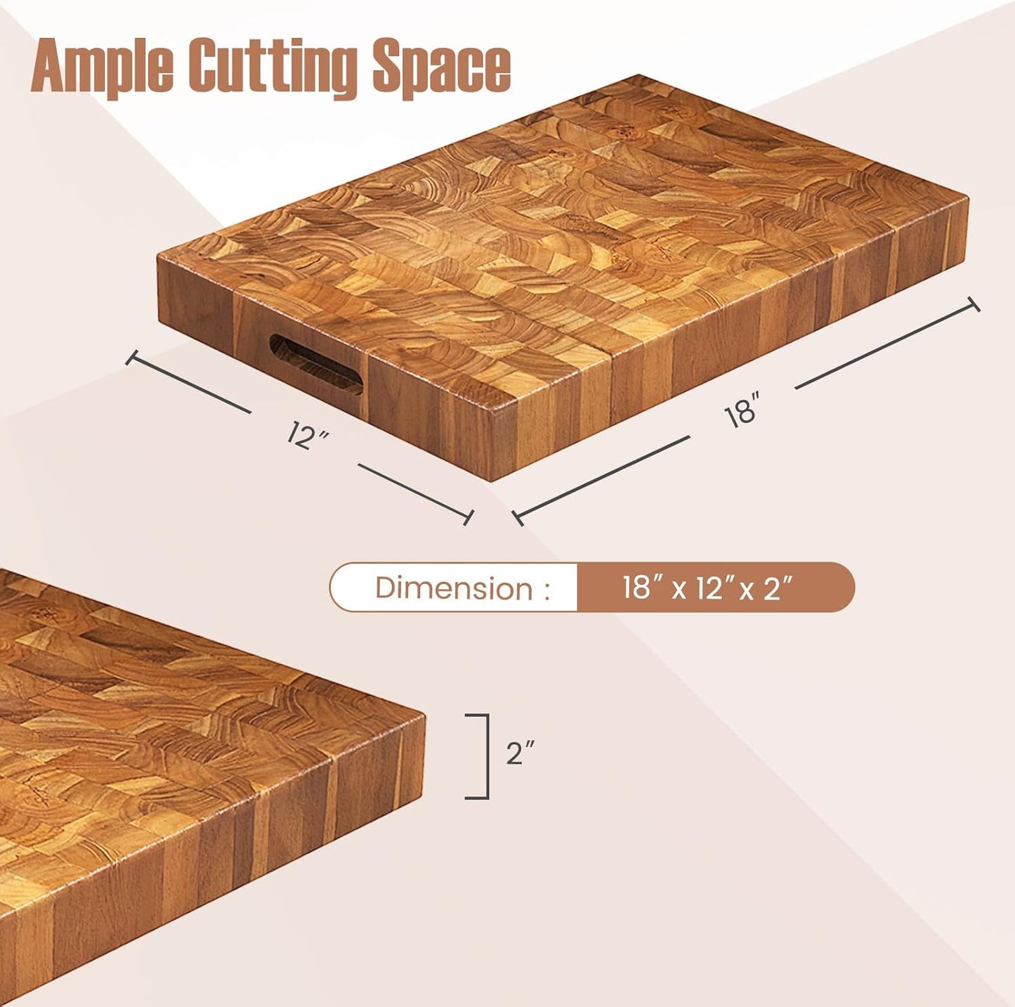 Giantex Teak Wood Cutting Board, 2" Thick End Grain Chopping Block with Hand Grip, 18"x12" Large Reversible Butcher Block, Pre-Conditioned With Natural Waxes & Oils, Carving Board for for Meat Cheese