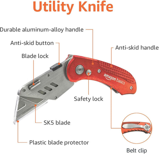 Amazon Basics Folding Utility Knife Box Cutter with Back-lock Mechanism, Portable Lightweight Aluminum Handle, Red