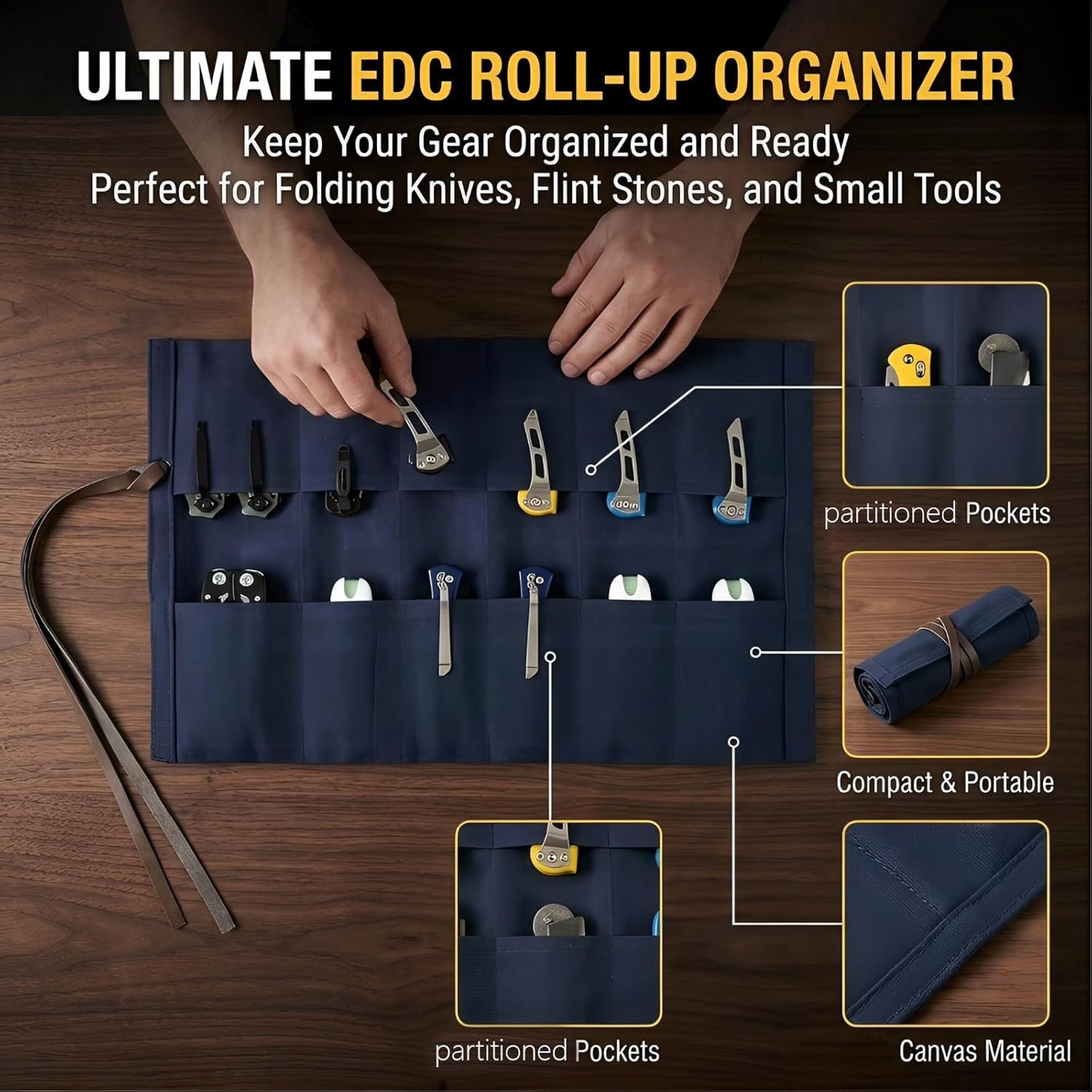 Knife Display Bag with 12 Slots Pocket Knives, Pocket knife Roll storage Organizer for Folding Knives Collection (Blue)