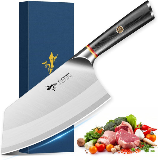 MAD SHARK 7.5 Inch Meat Cleaver Knife, Professional Bone Chopping Butcher with Heavy Duty Blade, German Military Grade Composite Steel, Chinese Chef's Bone Cutting Knife for Home Kitchen & Restaurant