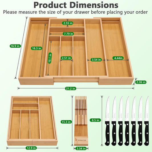 9-Piece Bamboo Kitchen Drawer Organizer Set, Expandable Silverware &Utensil Organizer with Removable Knife Block & Steak Knives, Flatware Organization, Tableware Dividers Storage(Natural)
