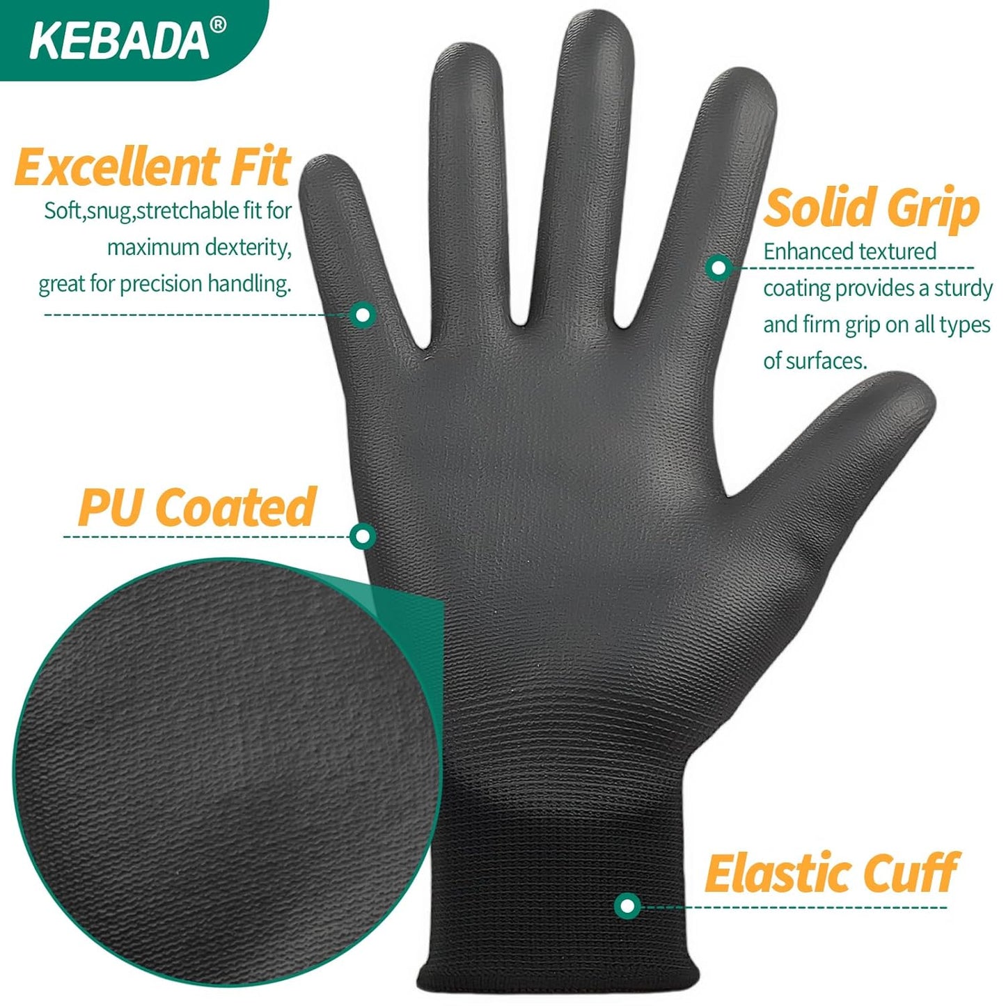 Kebada W1 Work Gloves for Men and Women, PU Coated Safety Gloves with Grip, Touchscreen, Ideal for Warehouse Package Handling, Construction, Gardening, 12 Pairs Gray Large