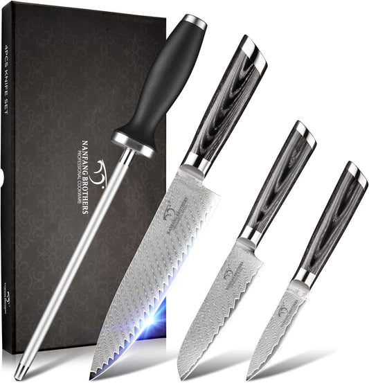 NANFANG BROTHERS Damascus Kitchen Knife Set,14 Pieces Drawer Knife Set,ABS Ergonomic Handle for VG10 Steel Professional Chef Knives Set with Block and Steak Knives