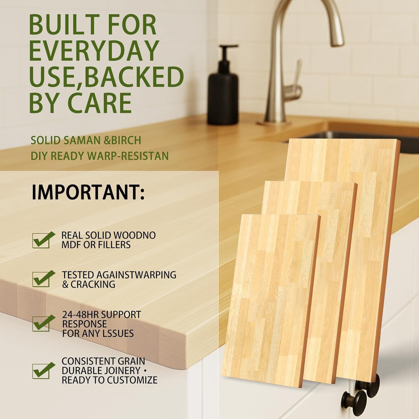 18"x25" Butcher Block Countertop Island, 1.5FT Unfinished Solid Birch Wood DIY Countertop, Durable Counter Table Tops for Kitchen Bar, Workshop, Laundry Counters Dining Room Tables 1.5"Thick